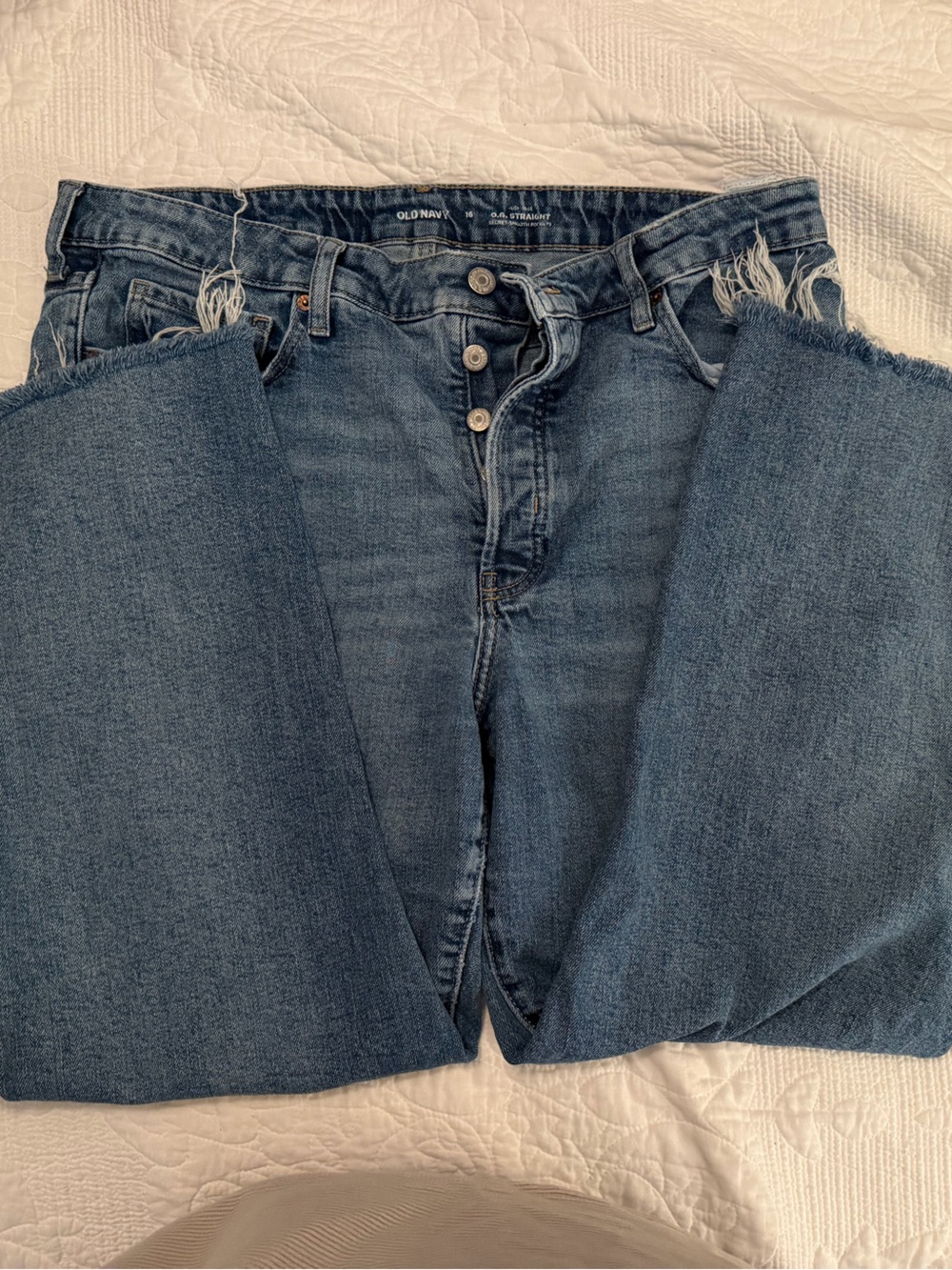 Old Navy Women's Button Fly Straight Leg Jeans - Medium Blue Raw Hem